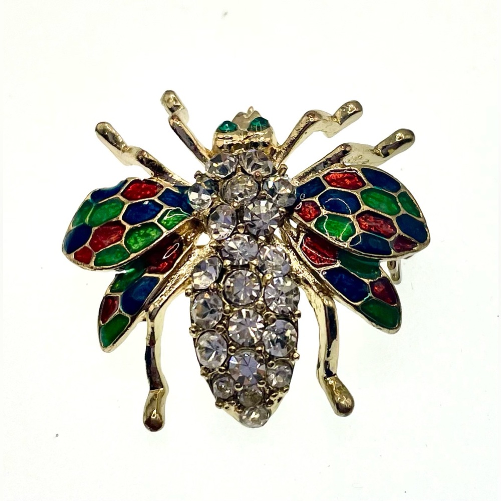 Vintage Gold Tone Bumble Bee Brooch Scatter Pin Faceted Crystals and Enamel